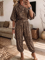 Women Leopard Print One‑Shoulder Jumpsuit Puff Short Sleeve Elastic Waist Jogger Jumpsuit