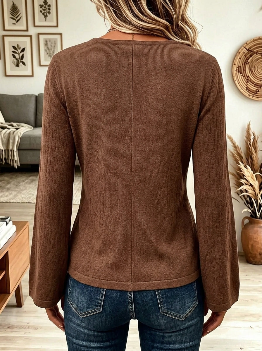 Women V-neck Tie Front Flare Sleeve Knit Cardigan With Large Shell Buttons
