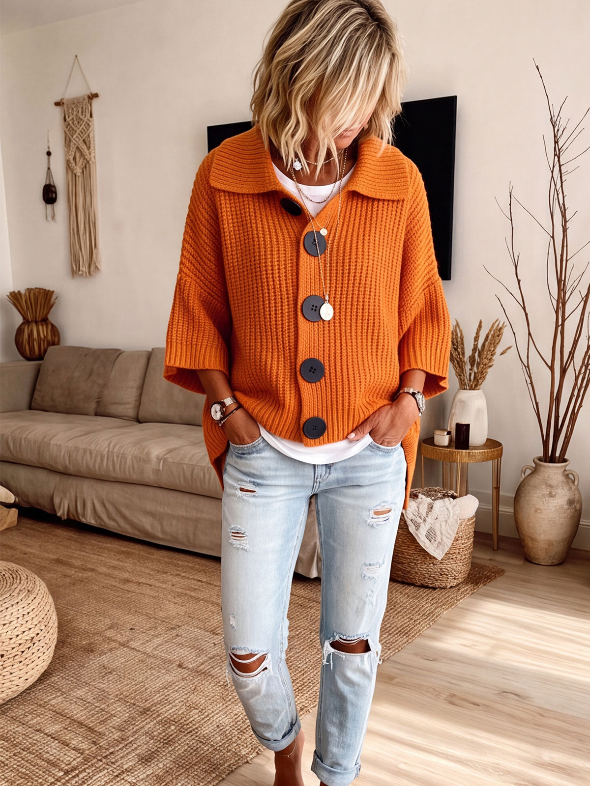 Collared Big Button Chunky Knit 3/4 Sleeve Cardigan
