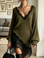 Women's V-Neck Eyelash Lace Trim Knit Sweater Dress