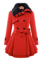 Faux Fur Collar Double‑Breasted Peplum Coat, Belted Short Winter Outerwear