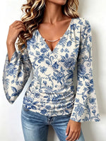 Retro Floral Pattern Art Print Casual Stylish Cotton V Collar Shirt