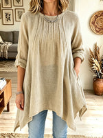 Women's Linen Blend Pleated Tunic Top, 3/4 Sleeve Irregular Hem Loose Shirt with Pockets
