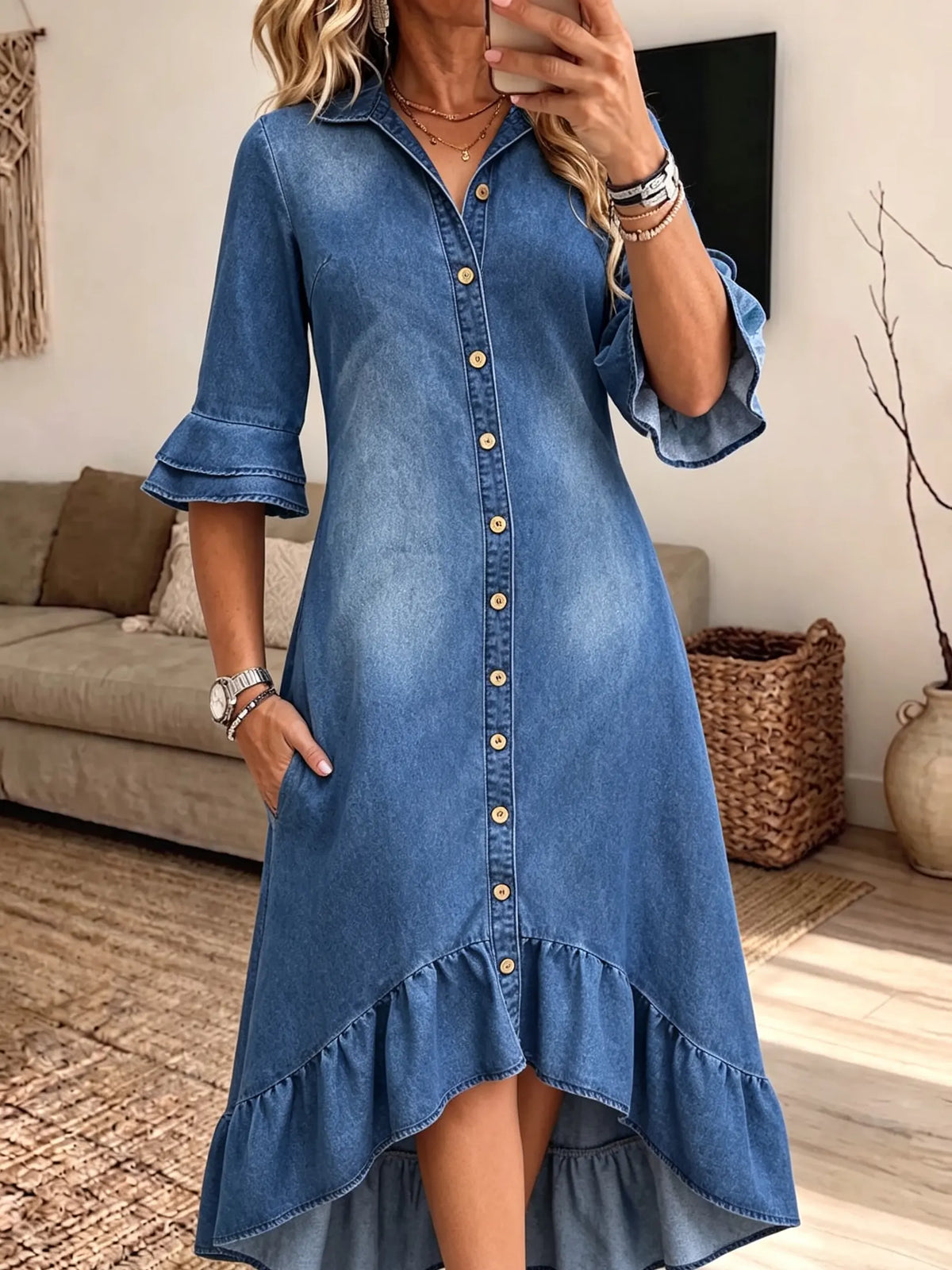Women's High-Low Ruffle Hem Denim Shirt Dress