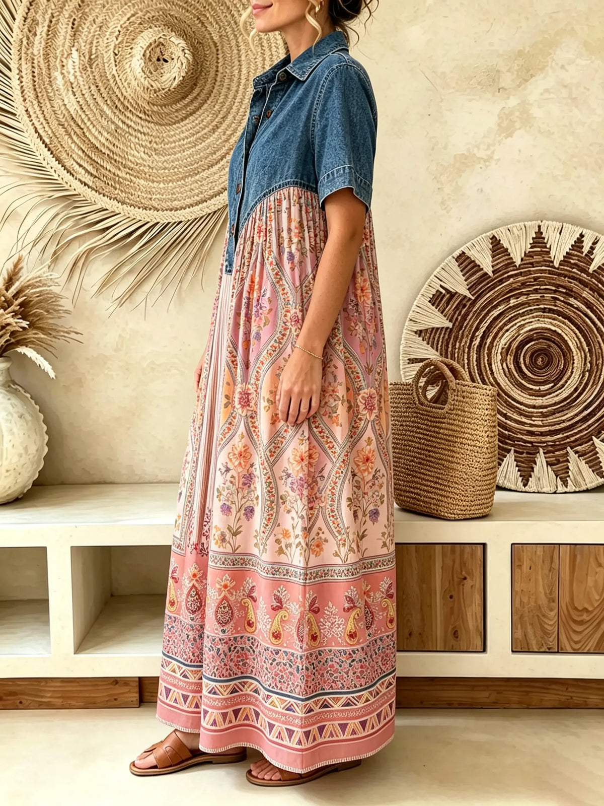 Women Ethnic Floral Geometric Print Short Sleeve Denim Spliced Maxi Dress