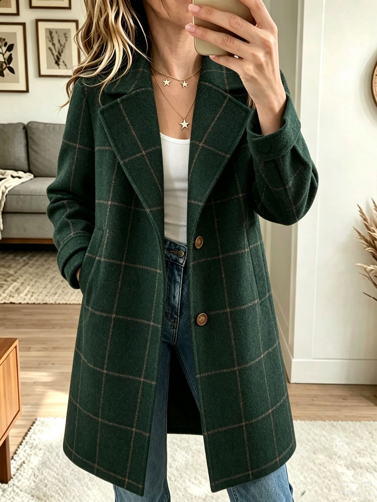 Women Dark Green Plaid Notched Lapel Mid Length Wool Blend Coat