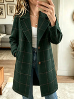 Women Dark Green Plaid Notched Lapel Mid Length Wool Blend Coat