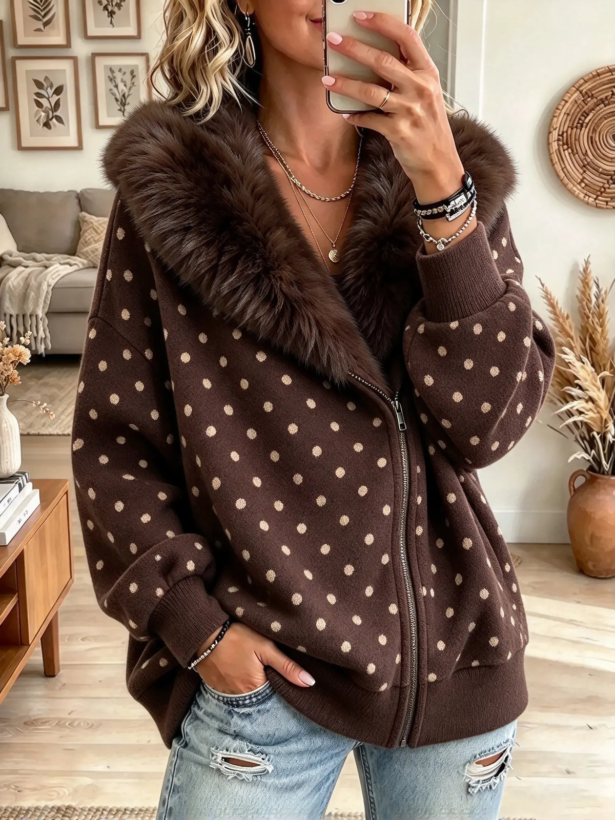 Women's Faux Fur Collar Polka Dot Zip Jacket