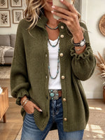 Women's Olive Green Oversized Knit Cardigan with Ruffled Sleeves and Gold Buttons