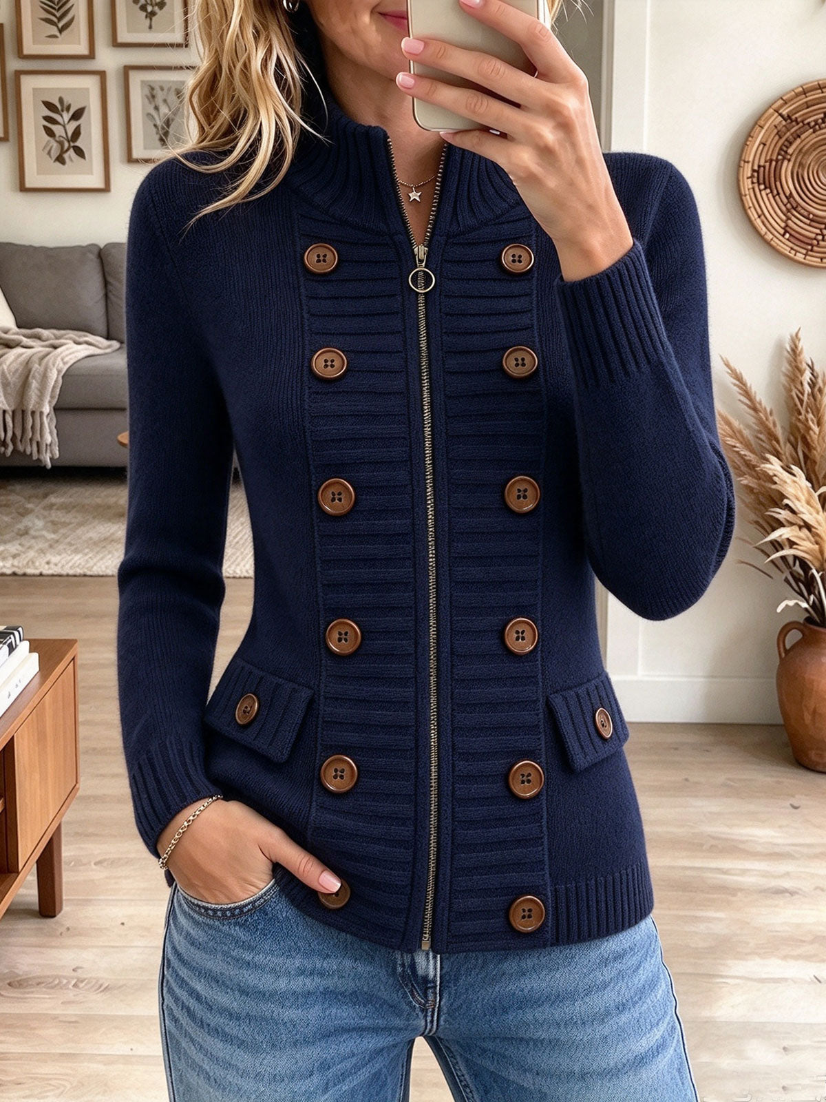 Women's Navy Blue Ribbed Knit Zip-Up Jacket with Double Buttons