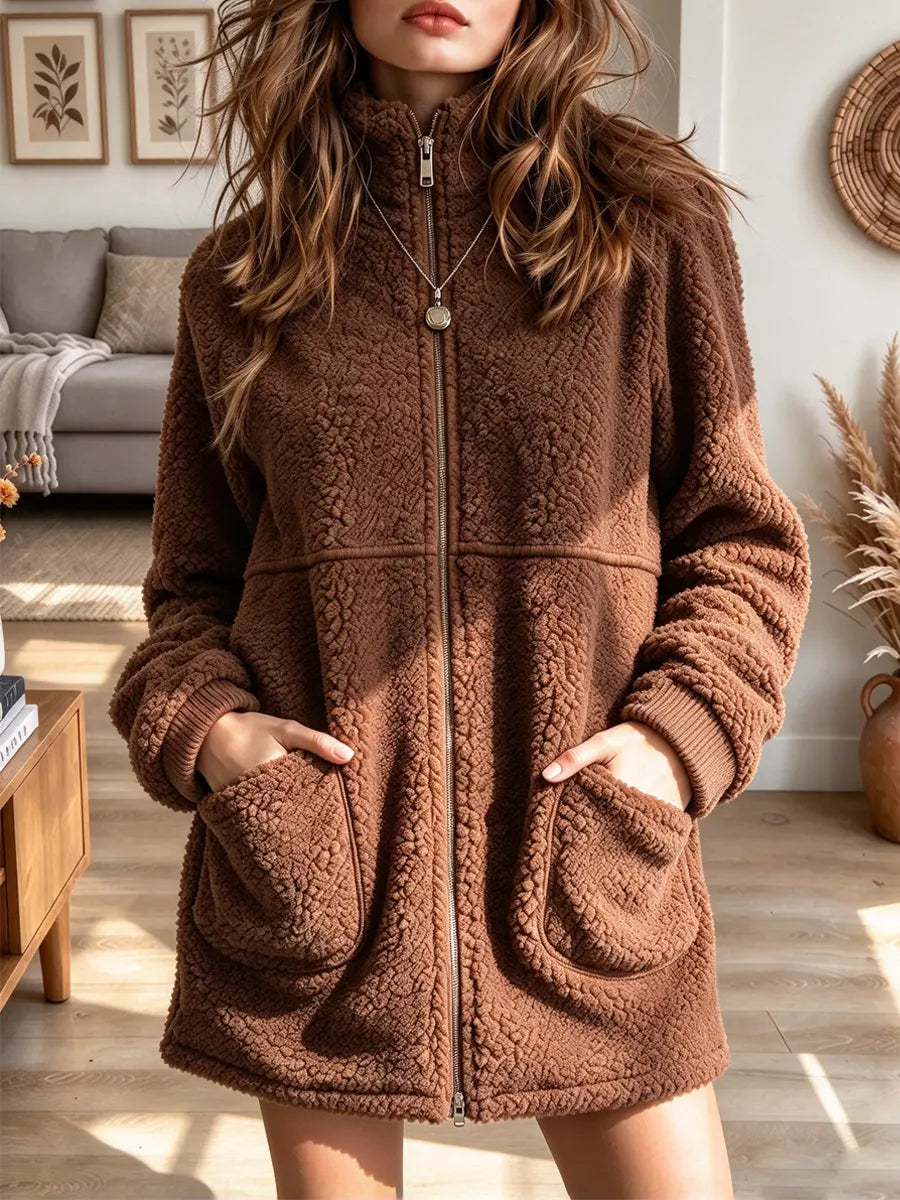 Retro Fuzzy Sherpa Art Zip Stand Collar Casual Stylish Long Sleeve Coat