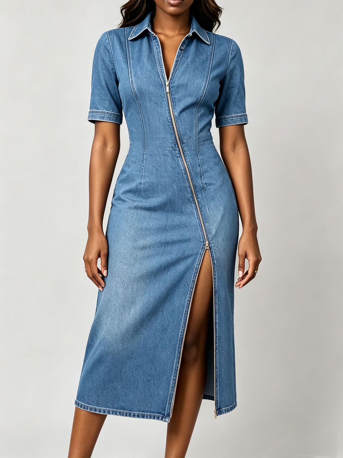 Collared Full Zipper Split Short Sleeve Denim Midi Dress