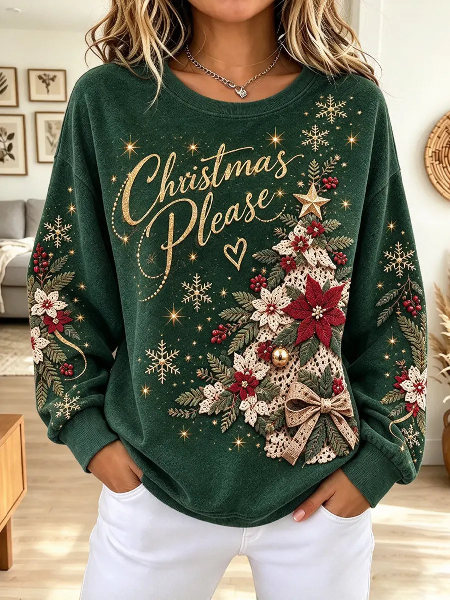 Vintage Christmas Tree Pattern Art Casual Stylish Long Sleeve Sweatshirt