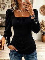 Women's Square Neck Puff Sleeve Button Ribbed Top