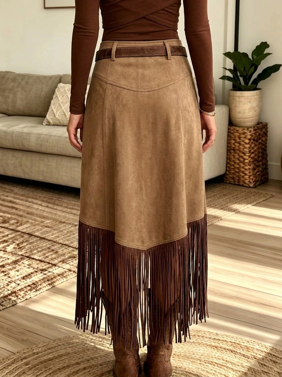 Women's Western Two-Tone Fringe Suede Midi Skirt