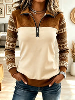 Vintage Pattern Zip Art Casual Stylish Lapel Long Sleeve Top