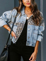 Retro Leopard Patchwork Long Sleeve Lapel Casual Stylish Denim Coat