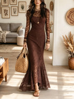 Women's Sheer Floral Lace Mermaid Maxi Dress