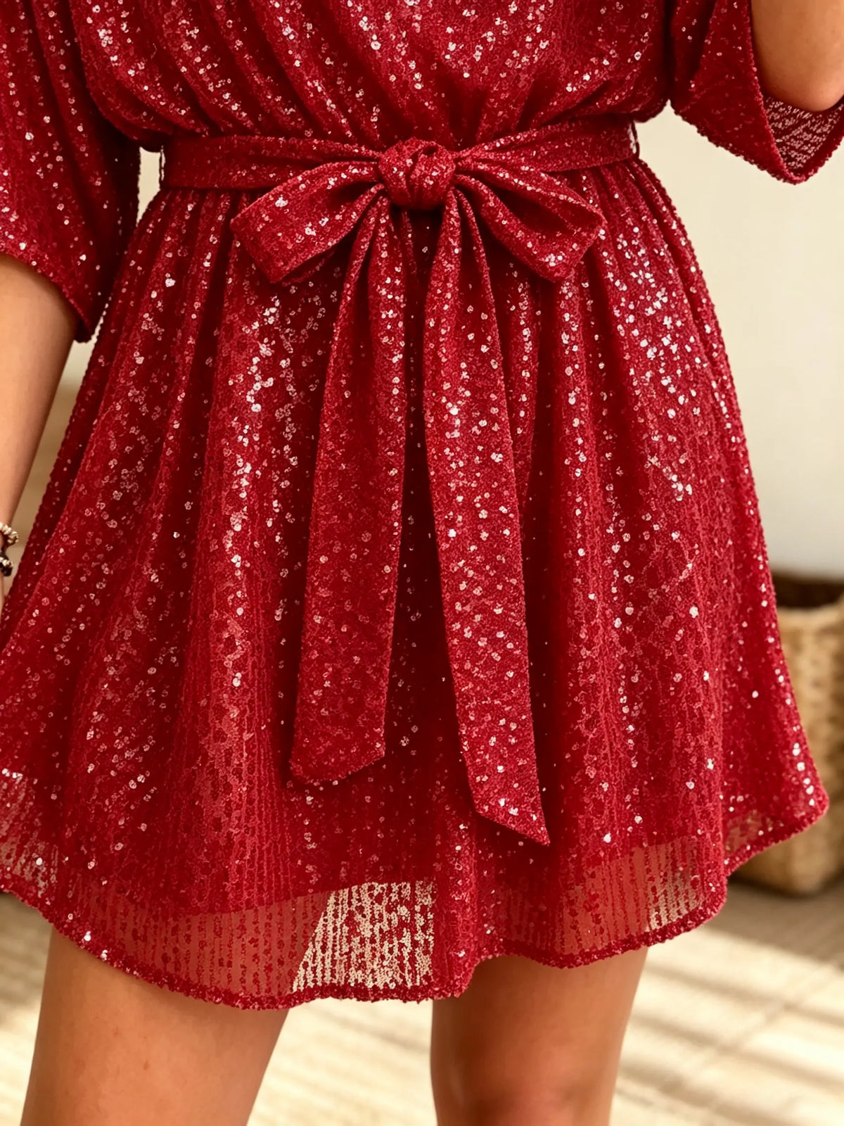 Women's Belted Sequin A-Line Mini Dress