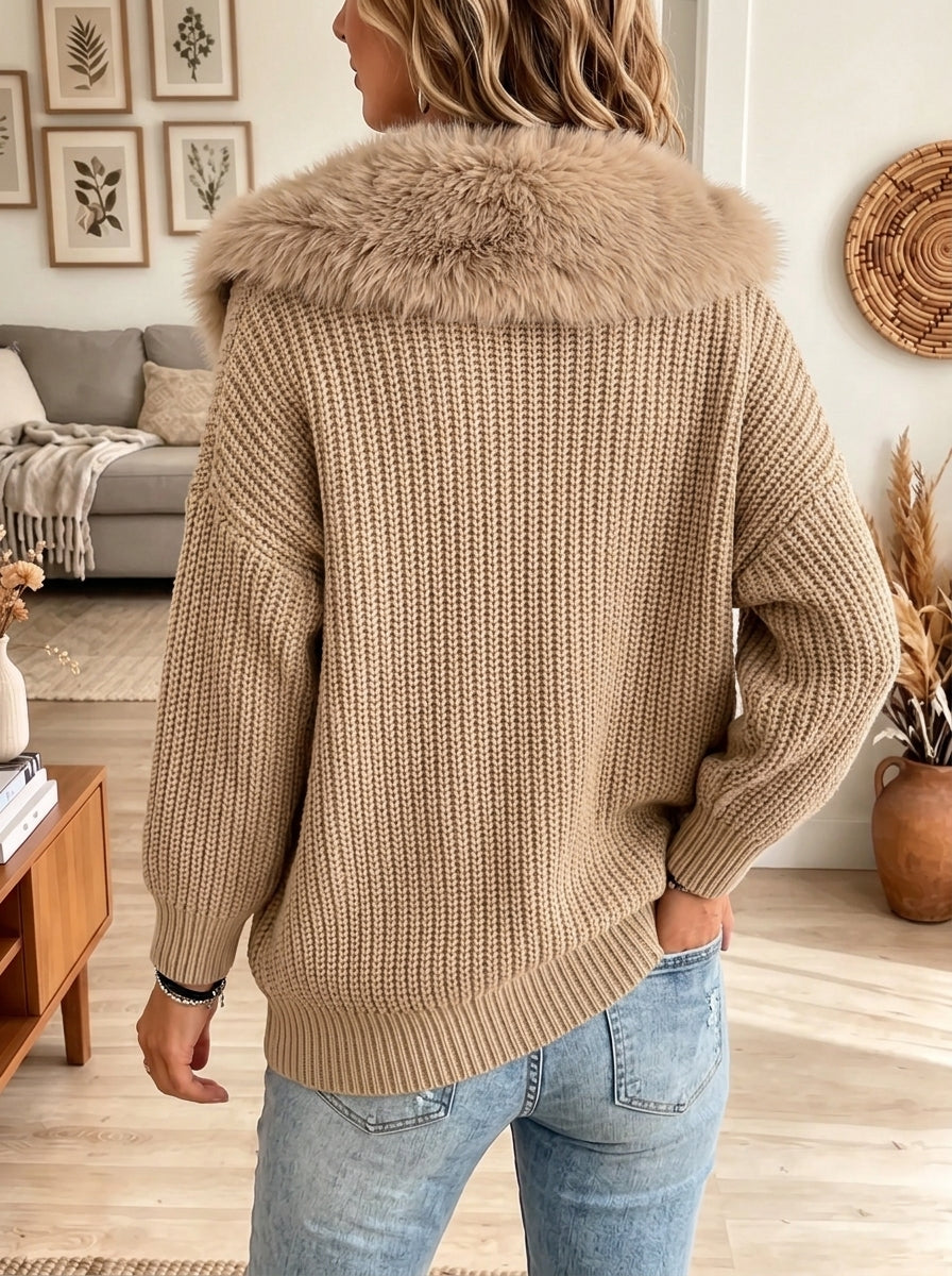 Women's Faux Fur Collar Asymmetric Zip Cardigan