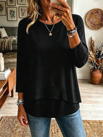 Solid Color Asymmetrical Hem Art Casual Stylish 3/4 Sleeve Cotton Shirt
