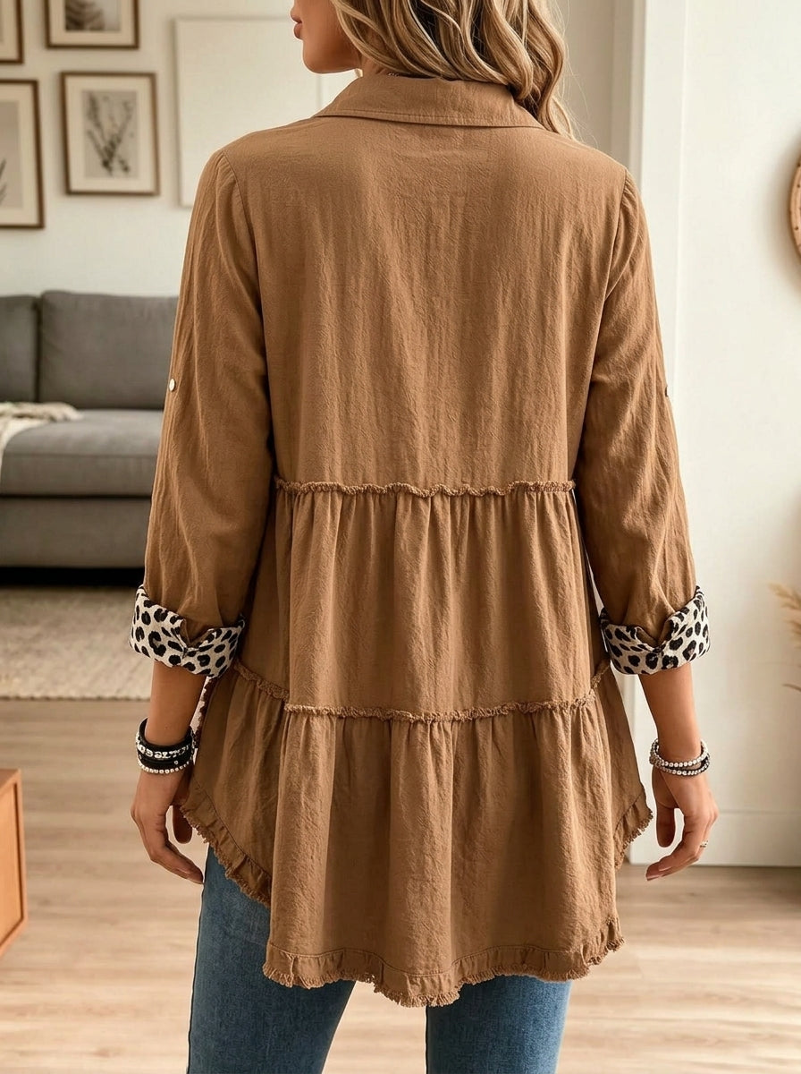 Women Brown Frayed Hem Leopard Cuff Collar Babydoll Tunic Shirt