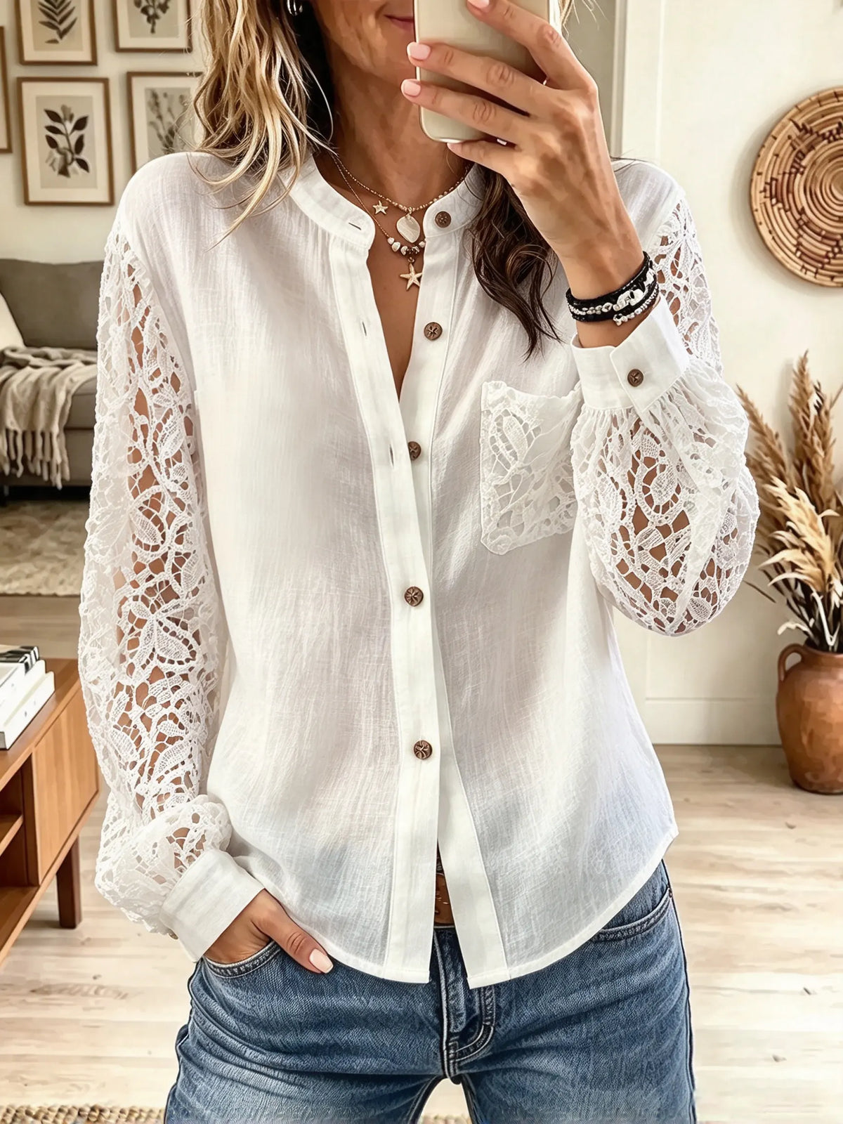 Women's Floral Lace Sleeve Button-Down Gauze Shirt