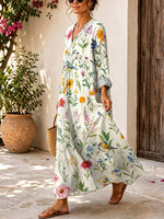 Retro Floral Birds Pattern Art Print Casual V-neck Long Sleeve Cotton Linen Maxi Dress
