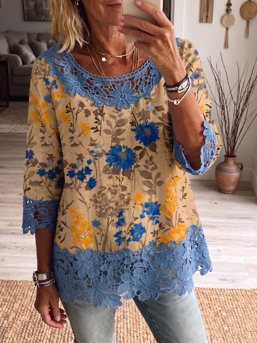 Vintage Elegant Pattern Print Patchwork Hollowed Out Lace Shirt