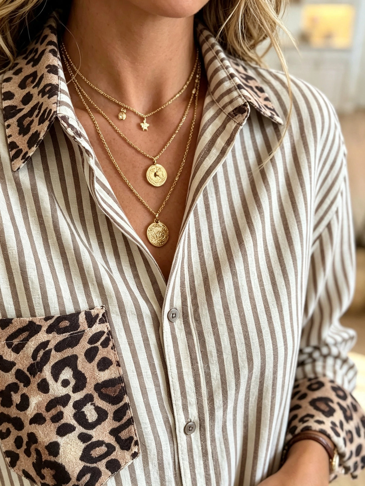Women's Leopard Pocket Striped Button-Down Shirt