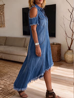 Women's Cold Shoulder Fringed Asymmetrical Hem Denim Midi Dress With Pockets