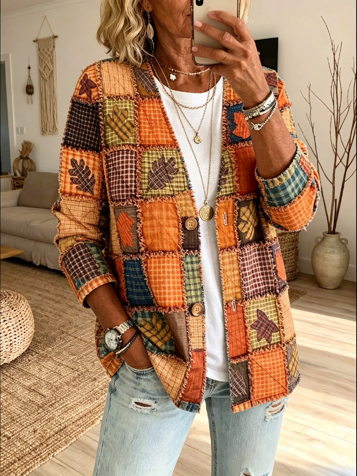 Women's Vintage Patchwork Maple Plaid V-neck Cardigan