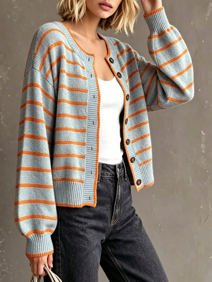 Retro Stripe Art Casual Stylish Long Sleeve Knitted Cardigan Sweater