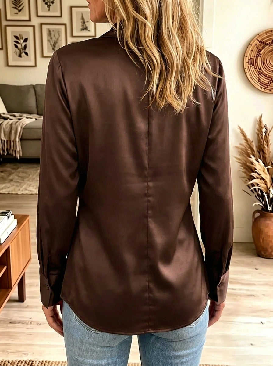 Women's Draped Cowl Neck Long-Sleeve Satin Blouse