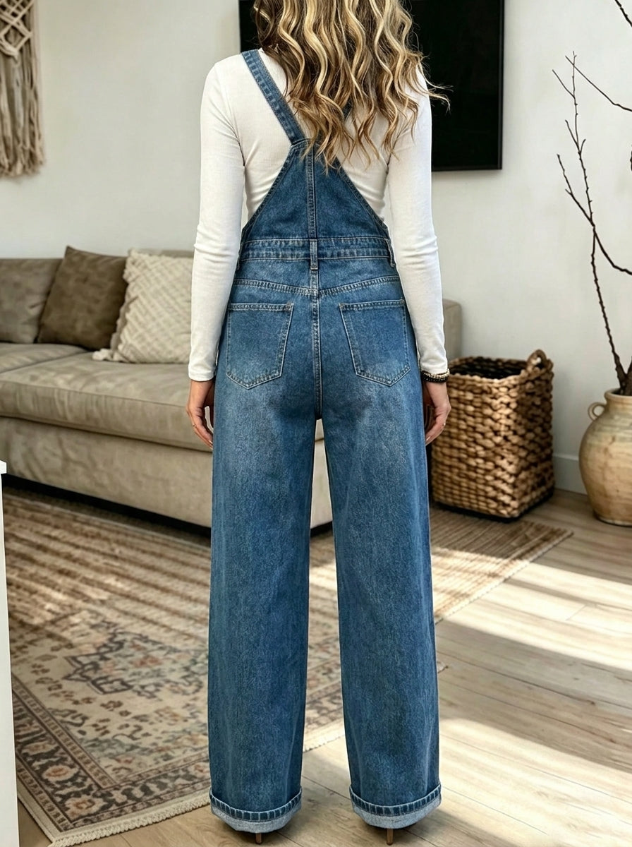 Asymmetric Strap Denim Overalls Women Wide Leg Baggy Denim Jumpsuit With Pocket