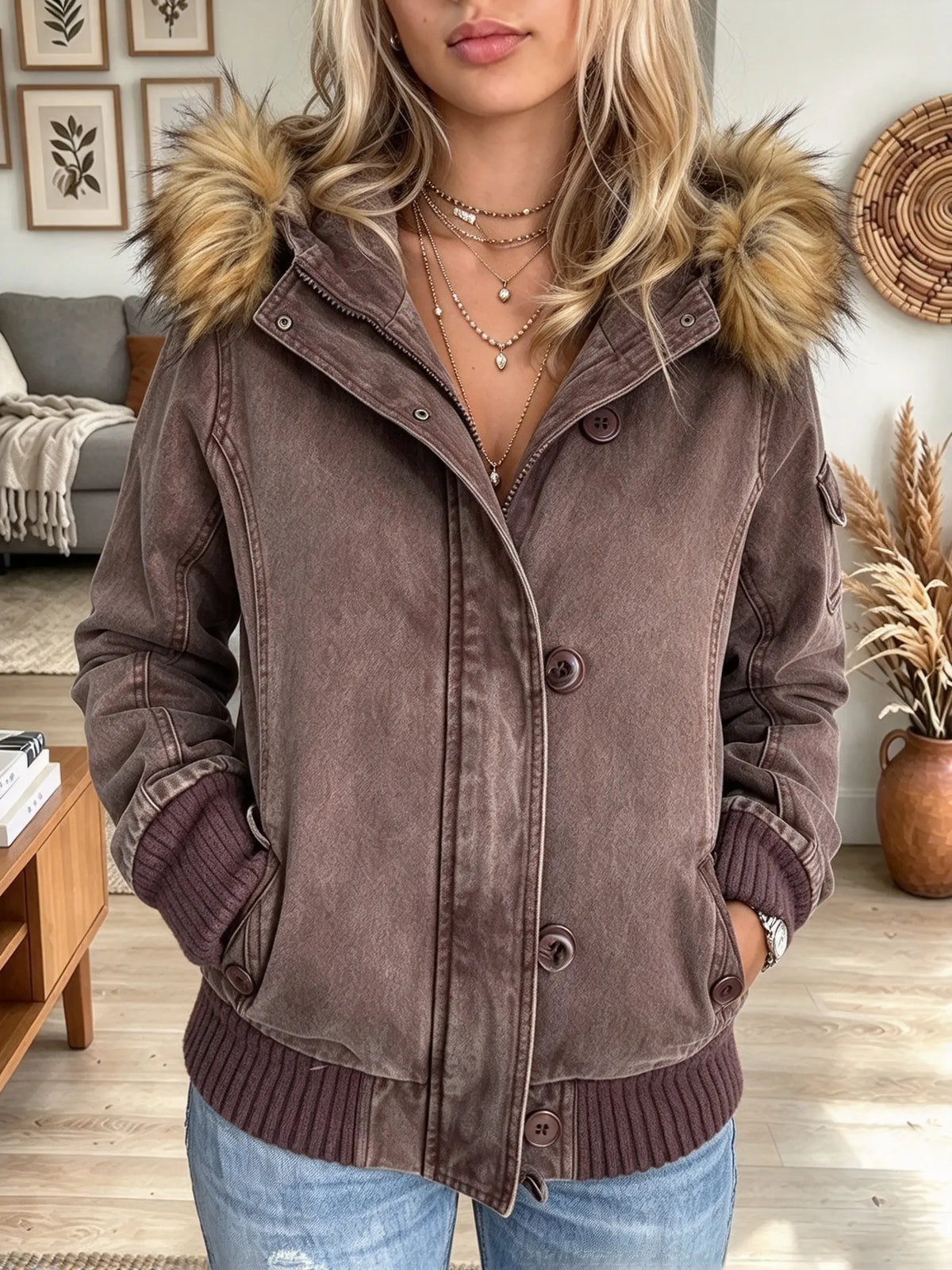 Women's Fux Fur Hooded Cotton Bomber Jacket