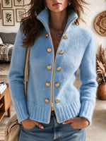 Women's Sky Blue Fuzzy Knit Full-Zip Cardigan with Gold Buttons