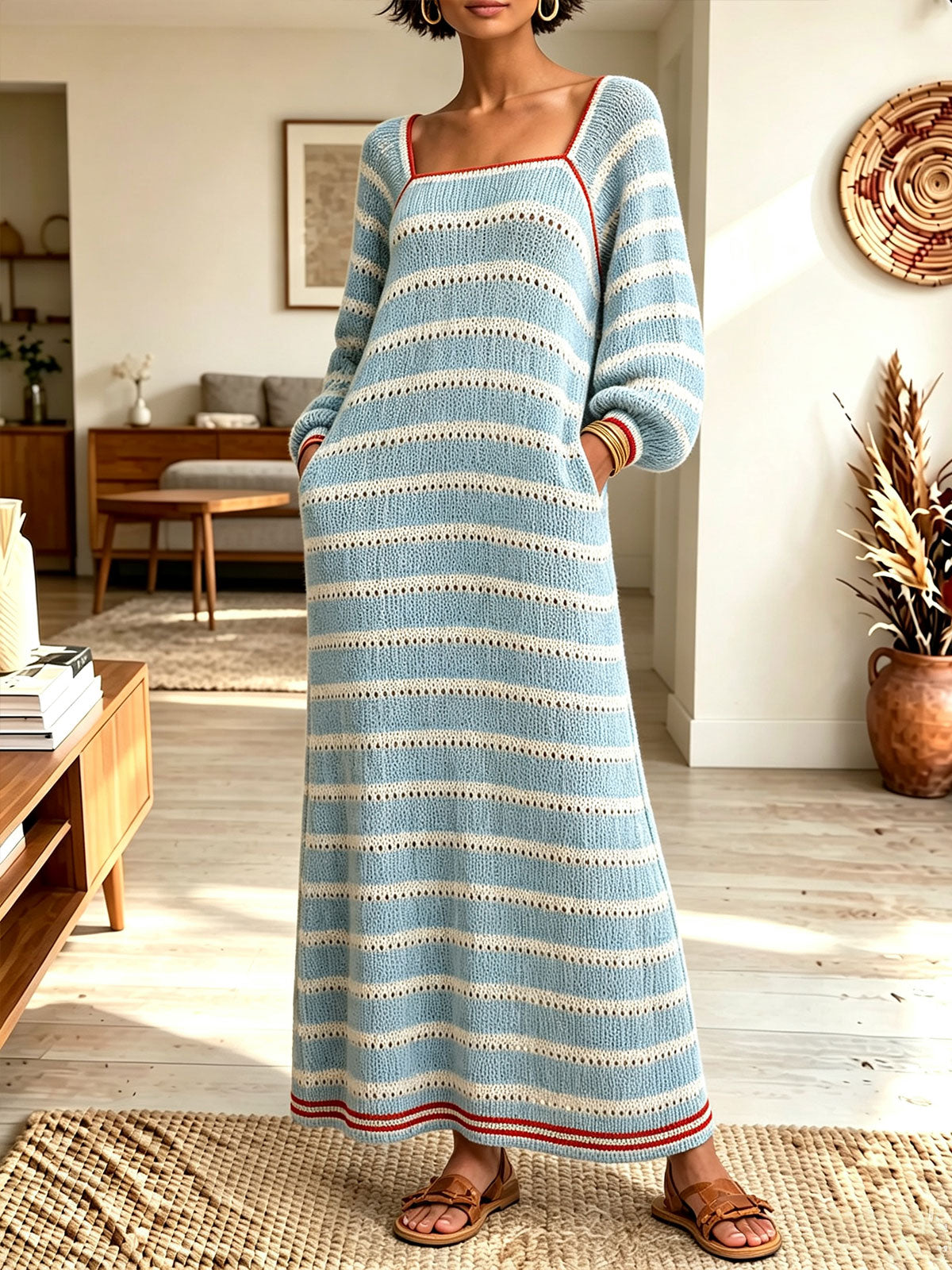 Women Square Neck Stripe Knit Long Sleeve Pocket Maxi Dress
