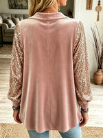 Women's Sequin Sleeve Velvet V-Neck Top