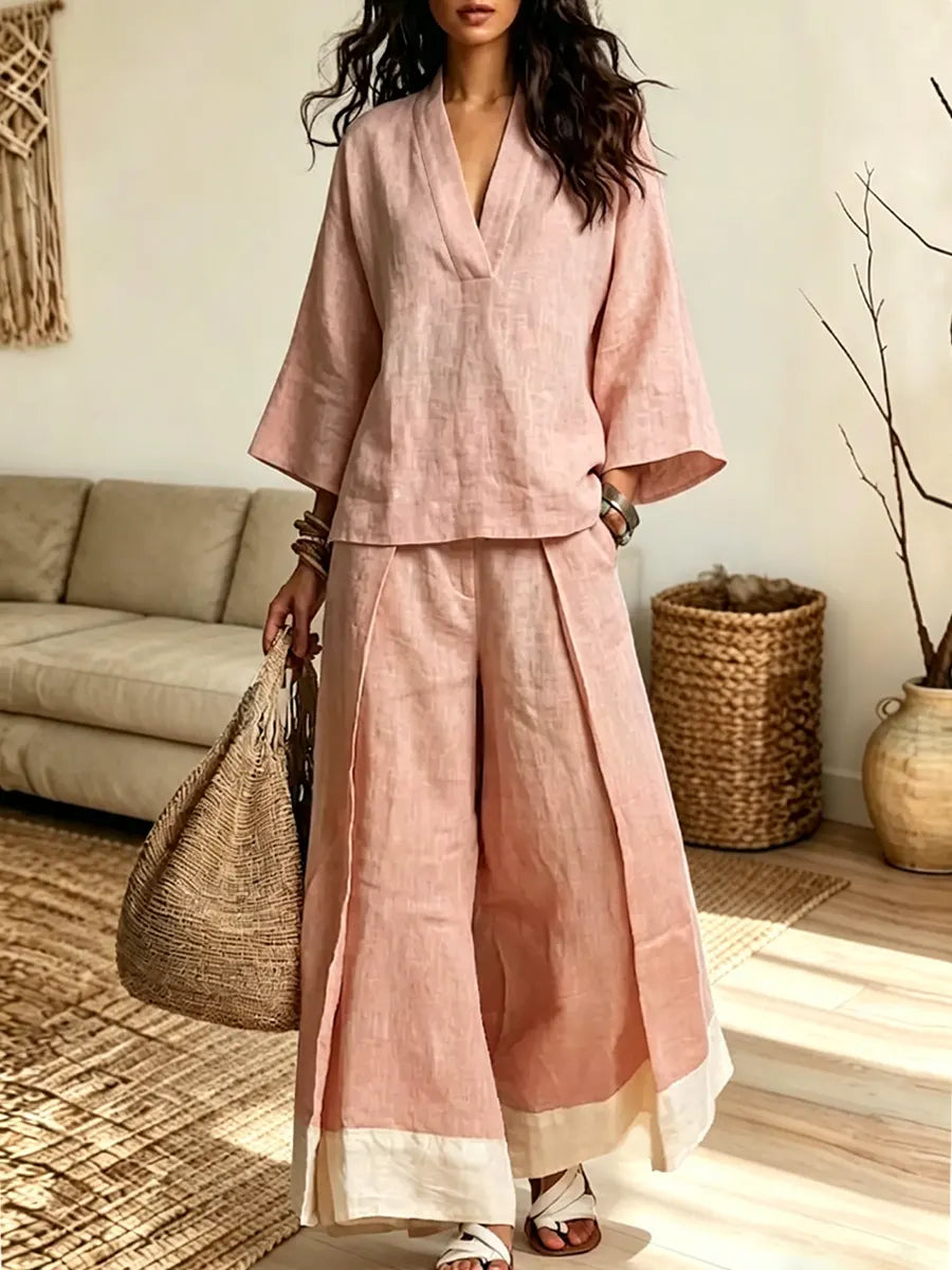 Retro 3/4 Sleeve Art Casual Stylish Top And Wide Leg Pants Two-piece Sets