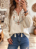Retro Elegant Floral Pattern Cotton Linen Art Casual Stylish Long Sleeve Shirt