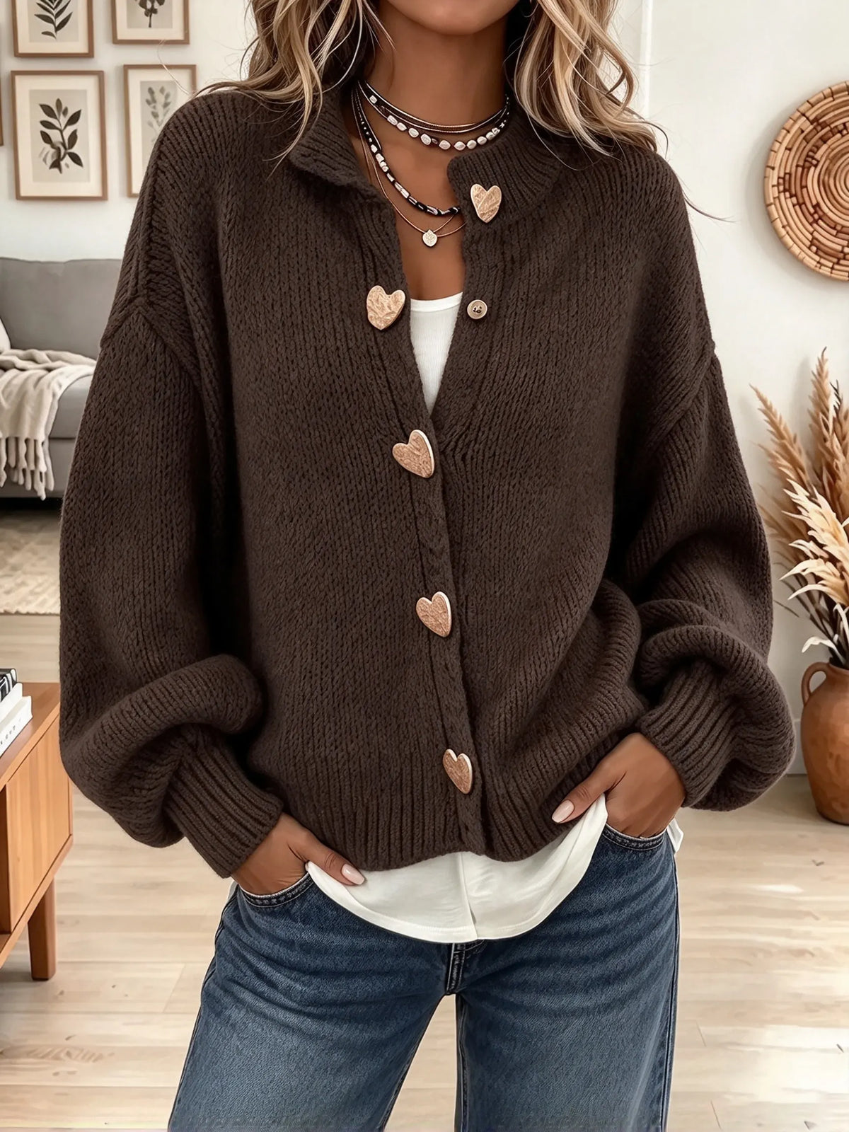 Women's Heart Button Lapel Cardigan