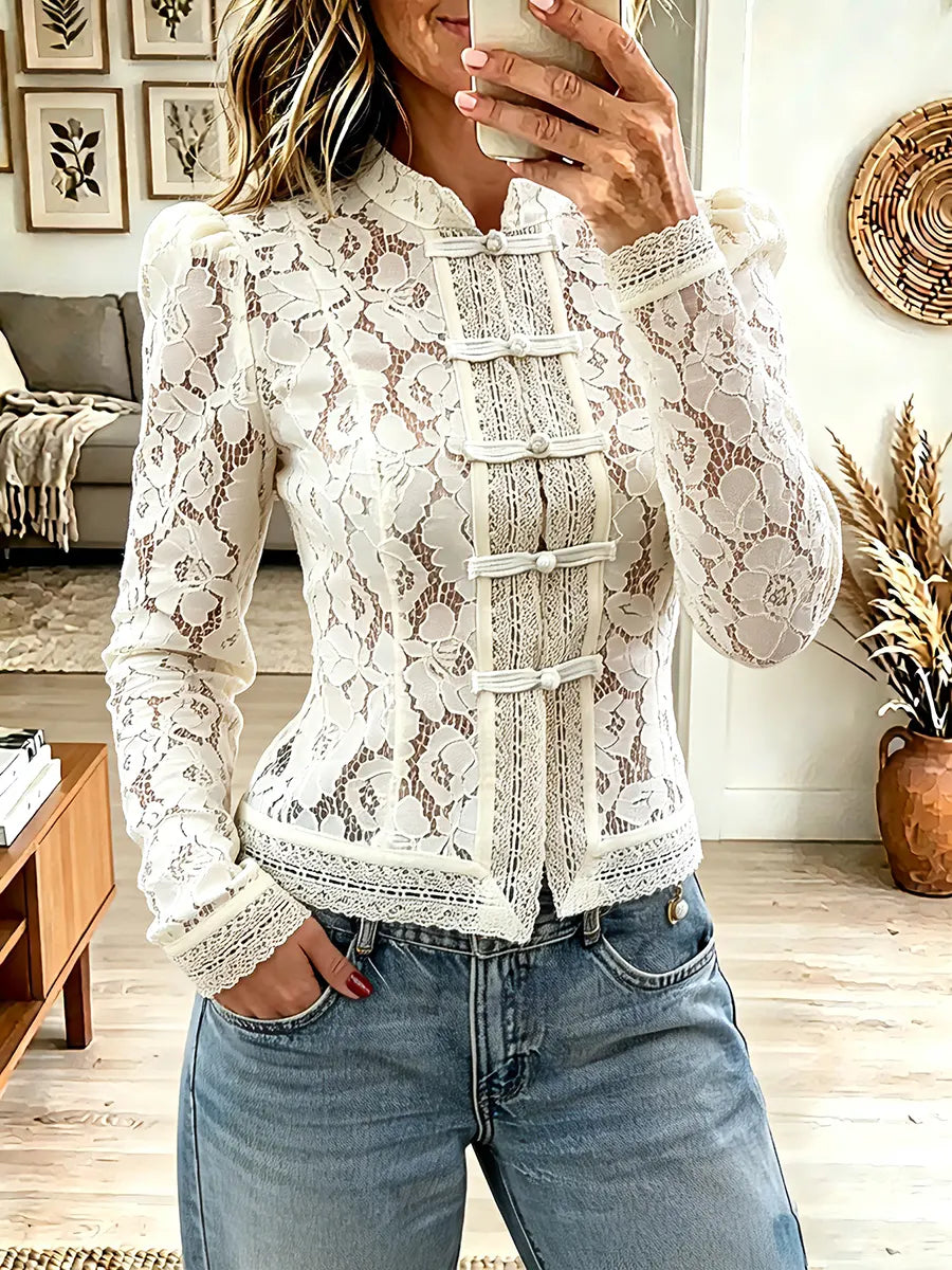 Vintage Elegant Lace Crochet Stand Collar Slim-fit Shirt