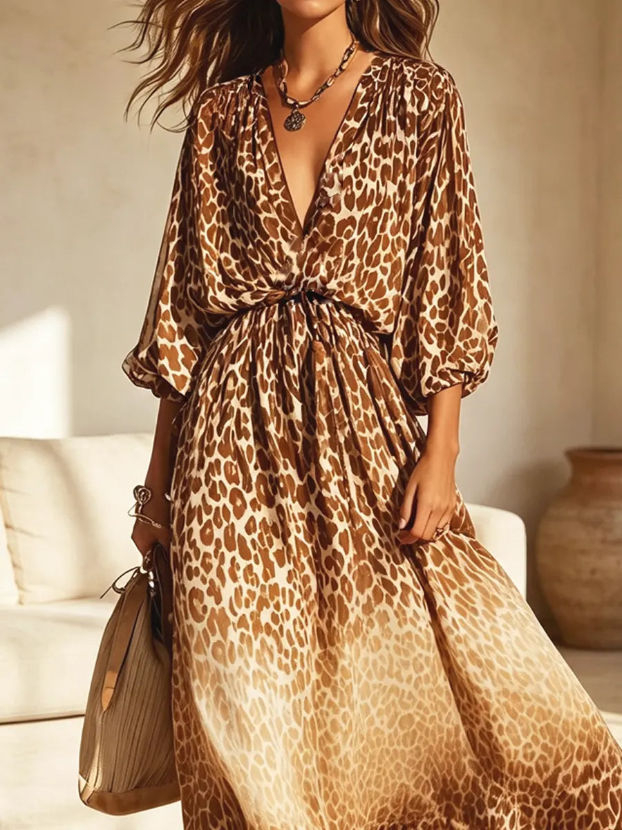 Retro Leopard Pattern Art Print Casual Stylish Cotton Long Dress