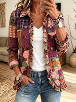 Women Boho Patchwork Floral Ruffle Trim Button Jacket