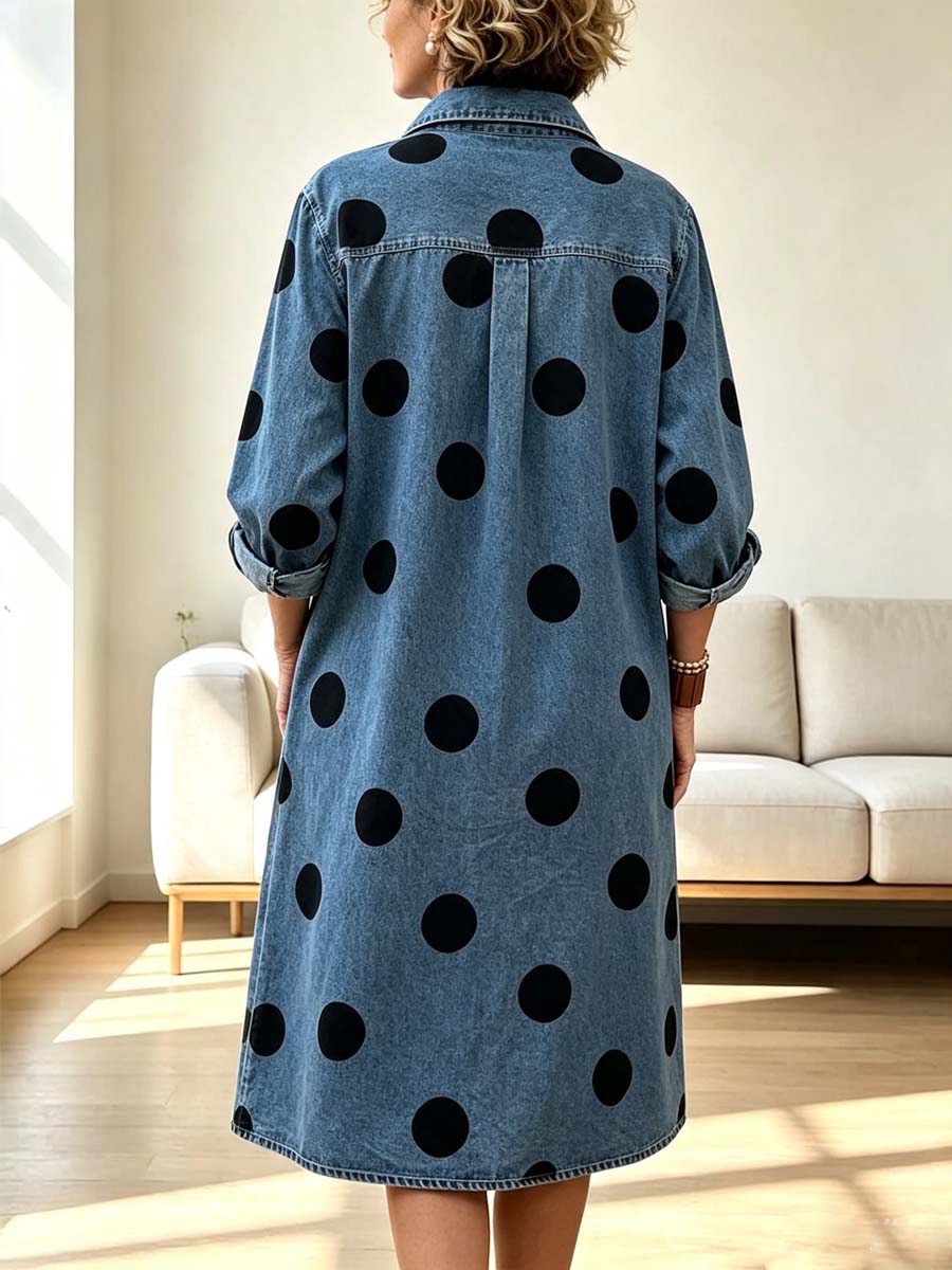 Retro Polka Dot Pattern Art Print Casual Lapel Stylish Denim Dress