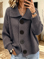 Women Lapel Collar Big Button Chunky Knit Cardigan