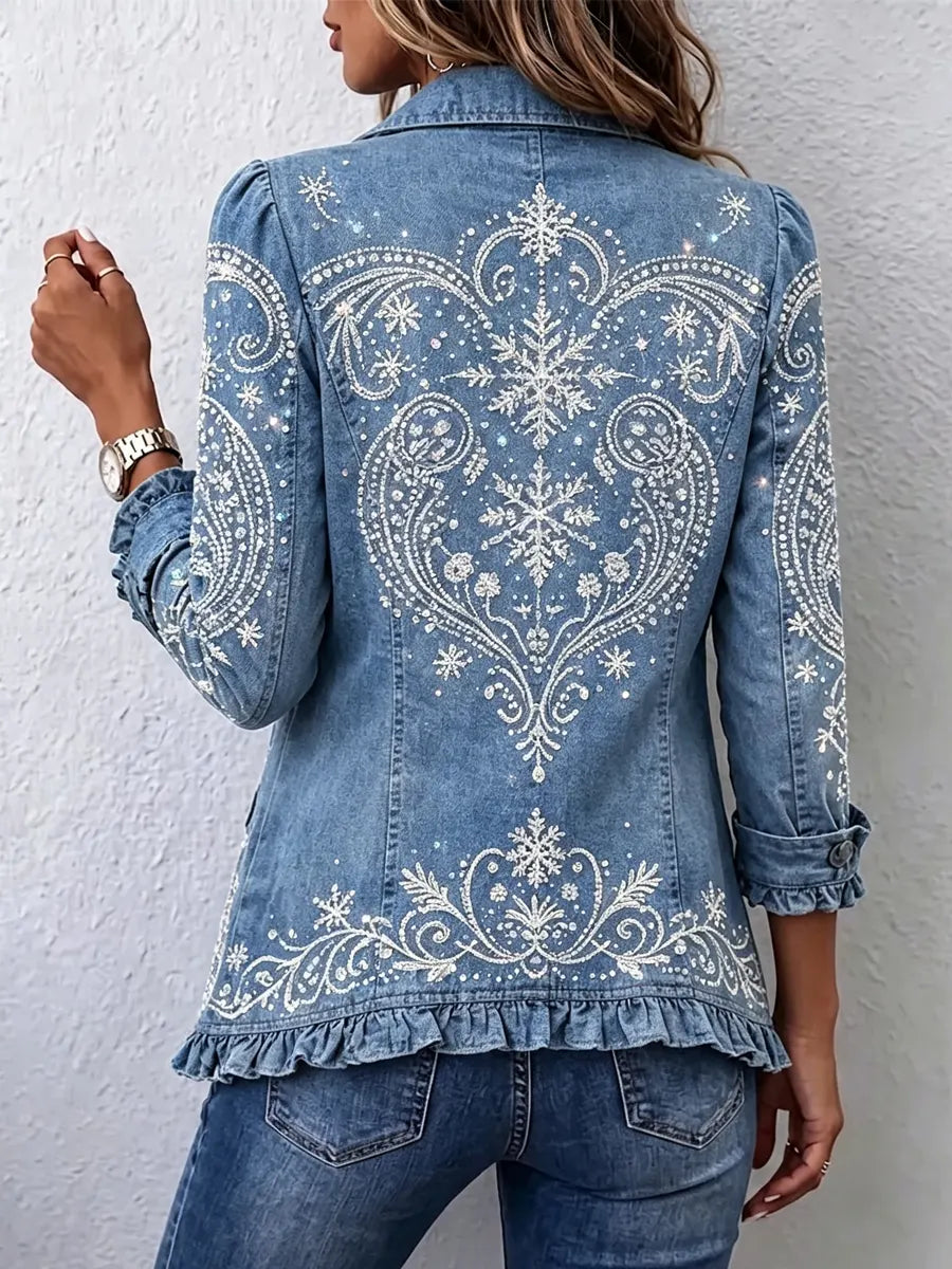 Retro Floral Shiny Pattern Art Print Ruffle Casual Stylish Denim Lapel Coat
