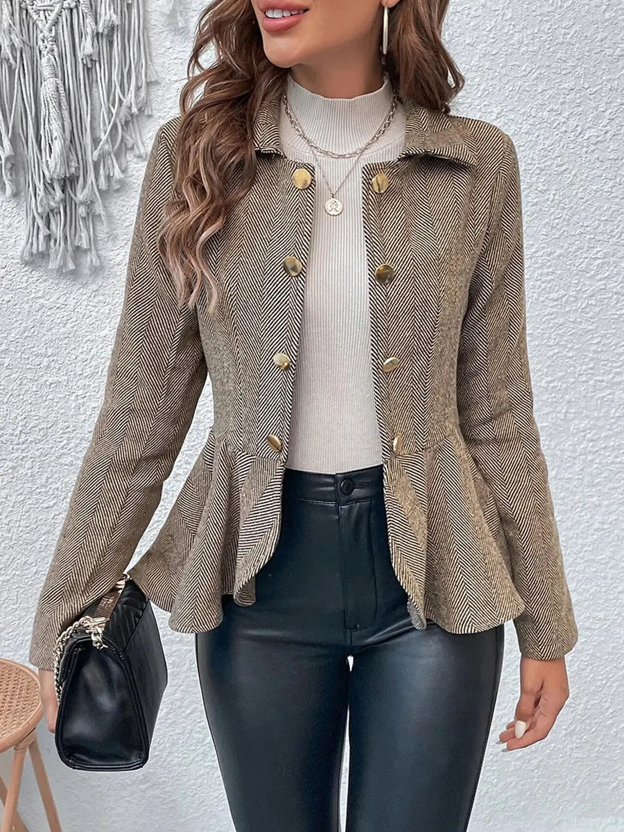 Retro Ruffle Art Stripe Pattern Casual Stylish Long Sleeve Lapel Coat
