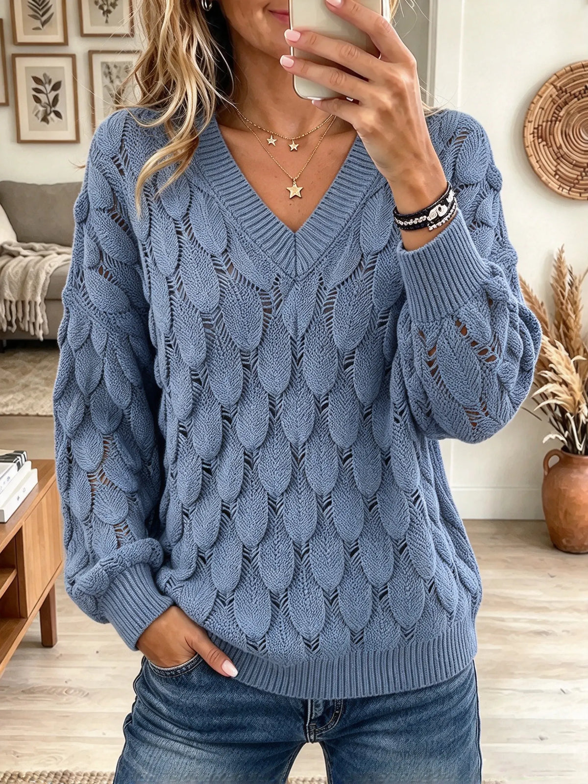 Women's Feather Pattern Hollow-Out Knit Sweater
